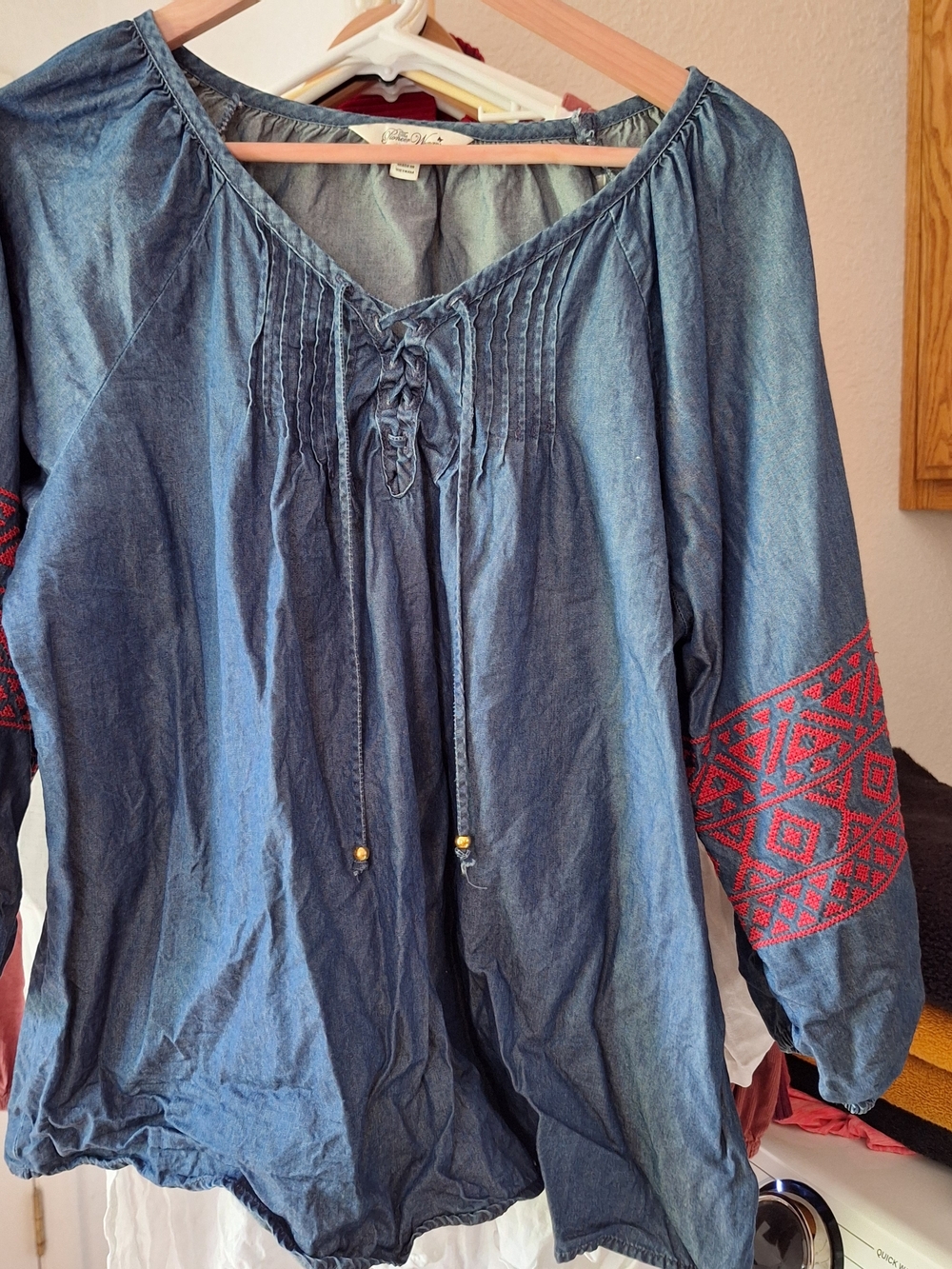 The Pioneer Woman Indigo Chambray Blouse with Dark Red Stitching